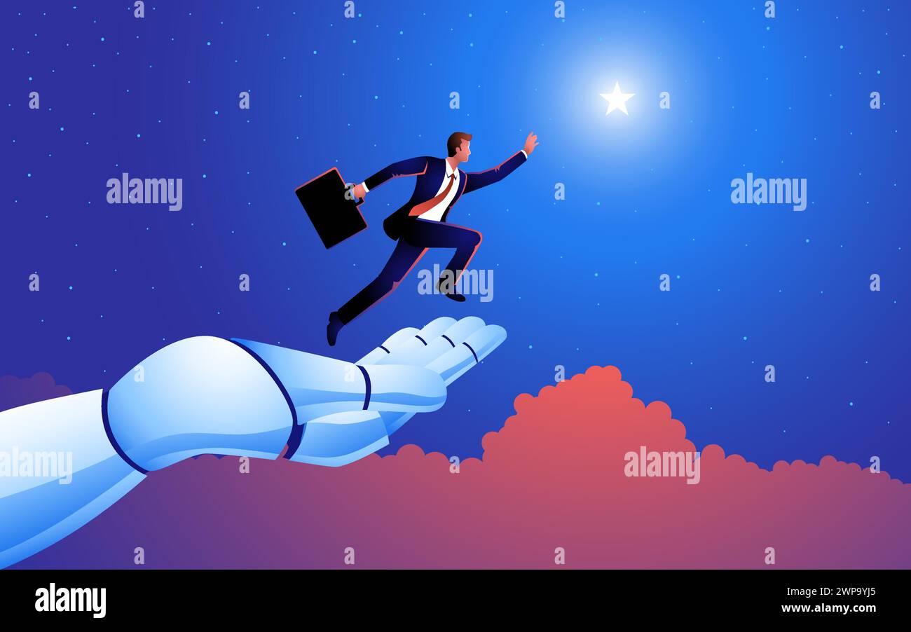 L'illustration vectorielle présente une main de robot aidant un homme d'affaires à saisir les étoiles. Un symbole puissant de l'assistance de l'intelligence artificielle, Illustration de Vecteur