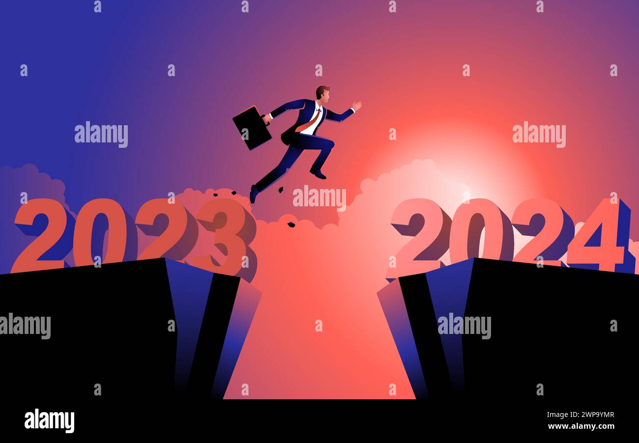 Homme d'affaires saute sans crainte de 2023 à 2024. Une représentation de la conquête des défis, de la résolution, de surmonter les obstacles, et embrasser l'optimisme et le det Illustration de Vecteur