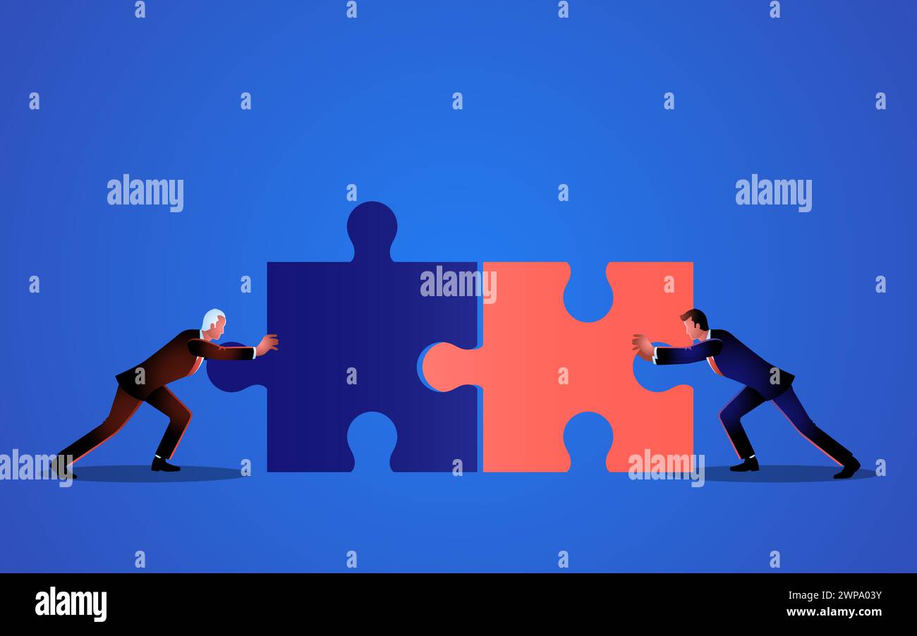 Deux hommes d'affaires poussent pour faire correspondre deux pièces de puzzle. représentation de la collaboration, du travail d'équipe, de la synergie, de la collaboration vers le succès, et de la Illustration de Vecteur