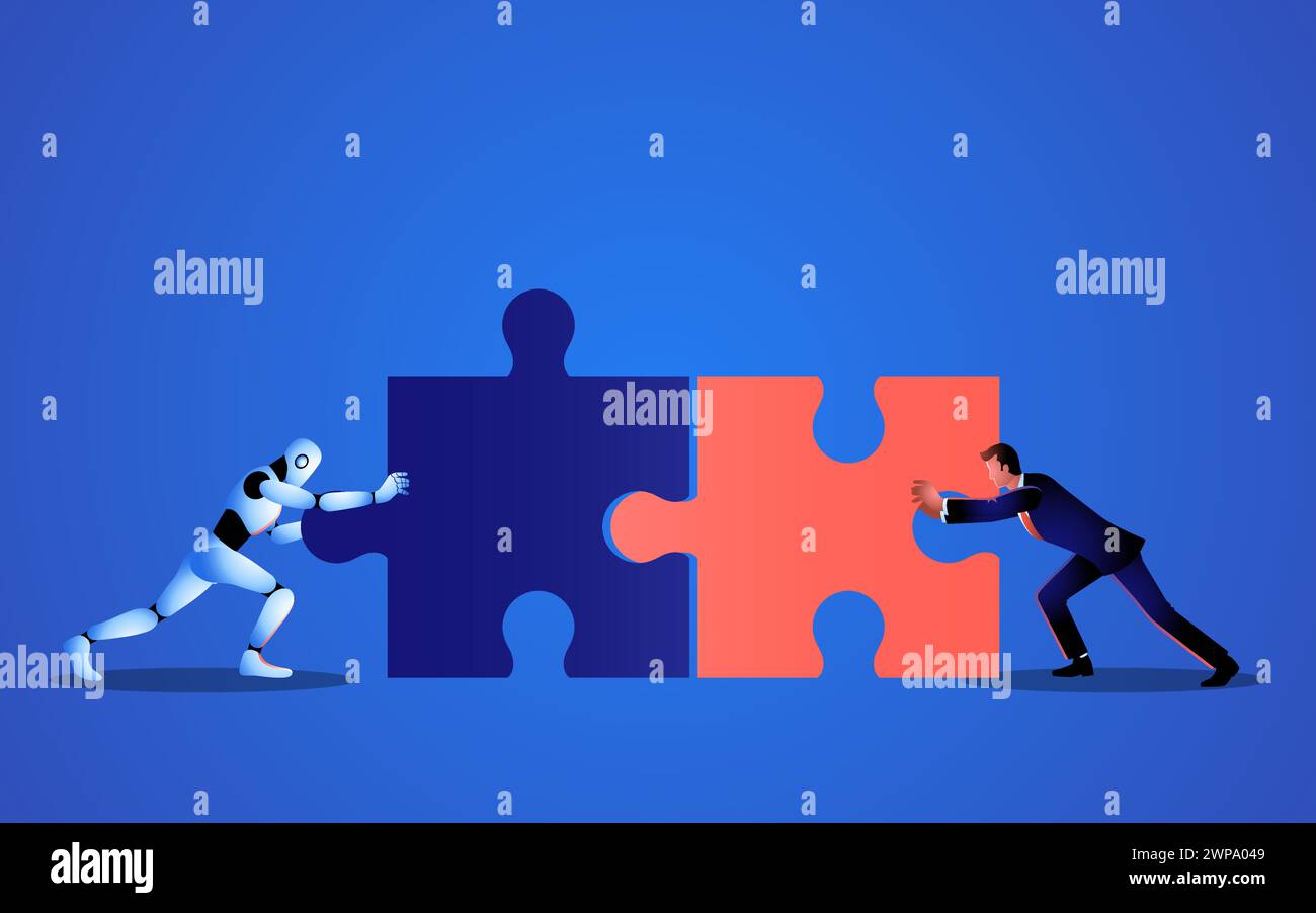 Homme d'affaires et un robot poussent pour faire correspondre deux pièces de puzzle. Représentation du potentiel de l’IA pour améliorer la planification et la stratégie en entreprise Illustration de Vecteur
