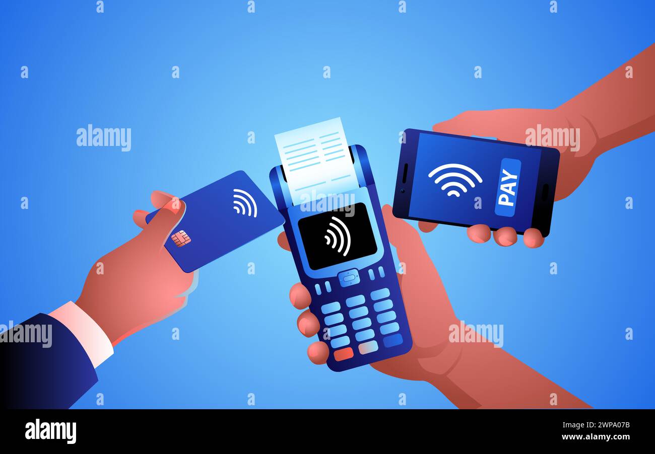 Hommes utilisant la technologie NFC depuis leur téléphone portable et leur carte pour effectuer un paiement. Représente la commodité et l'efficacité des méthodes de paiement numériques, le transport Illustration de Vecteur