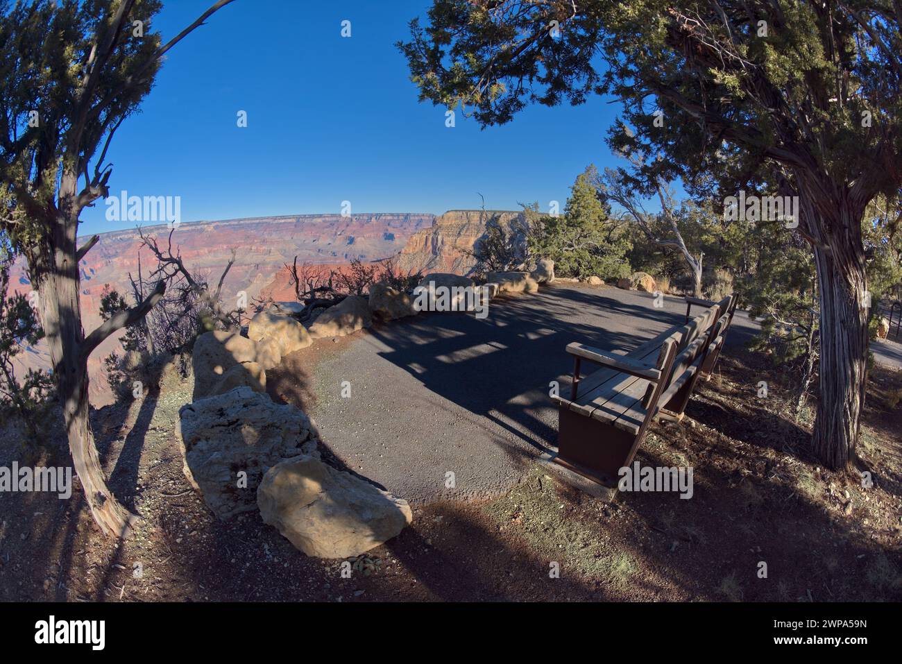 Un petit point de vue avec un banc de repos le long du Greenway Trail à l'est de Pima point au Grand Canyon Arizona. Banque D'Images