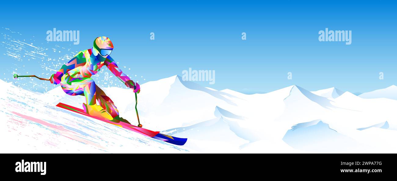 Une descente rapide sur fond de ciel et de sommets enneigés. L'athlète est activement impliqué dans le ski. Descente et slalom. Le col lumineux Illustration de Vecteur