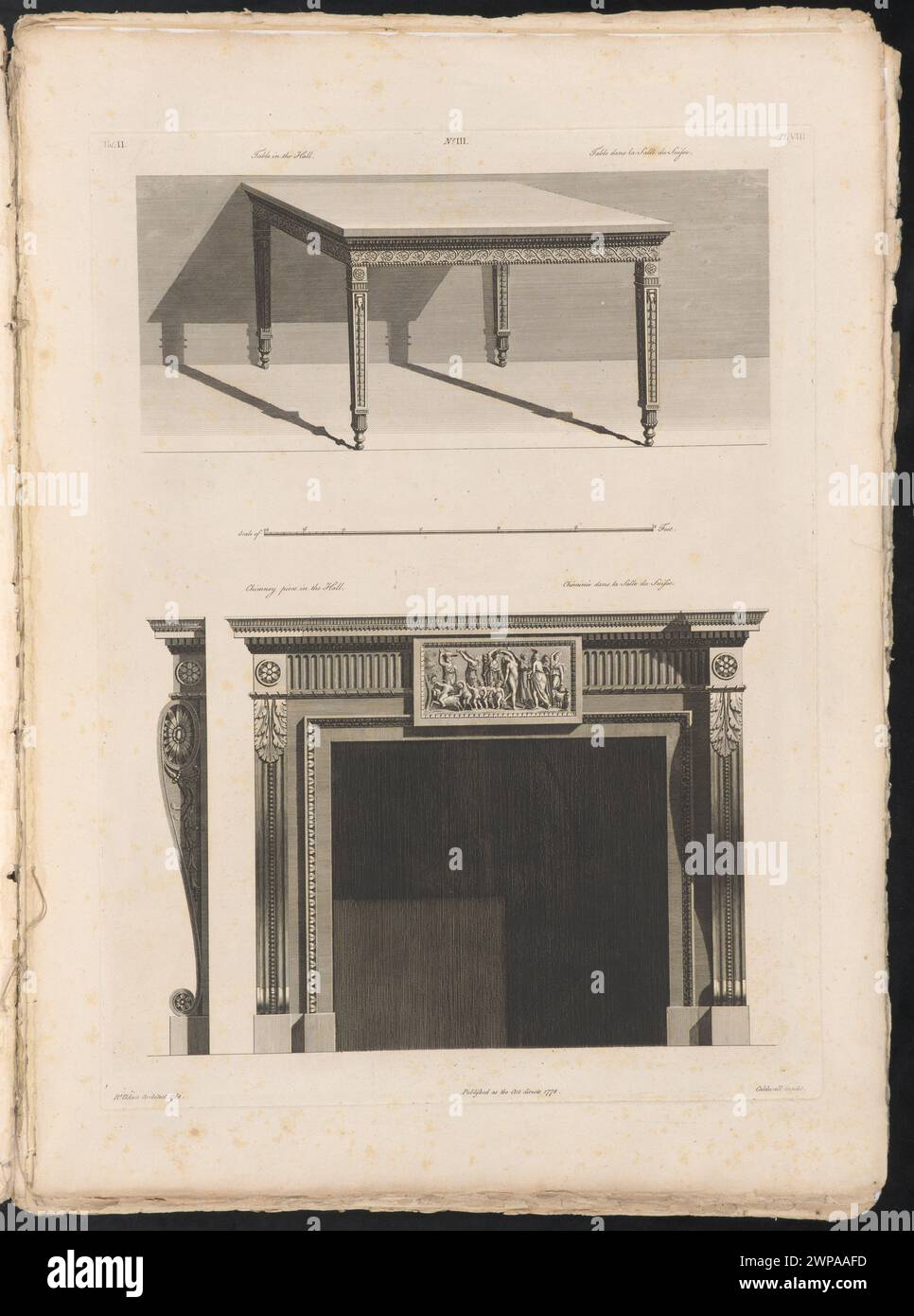 L'illustration représente la STO et la cheminée dans le hall de Shelburne House, Breteley-Square, Londres, conçu par Robert Adam et illustré par James Caldwall vers 1778. Banque D'Images