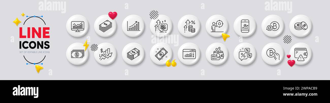 Statistiques, statistiques smartphone et icônes de ligne de devise USD. Boutons blancs icônes 3D. Pack of Inspect, Discount chat, rafraîchir l'icône bitcoin. Inflatio Illustration de Vecteur