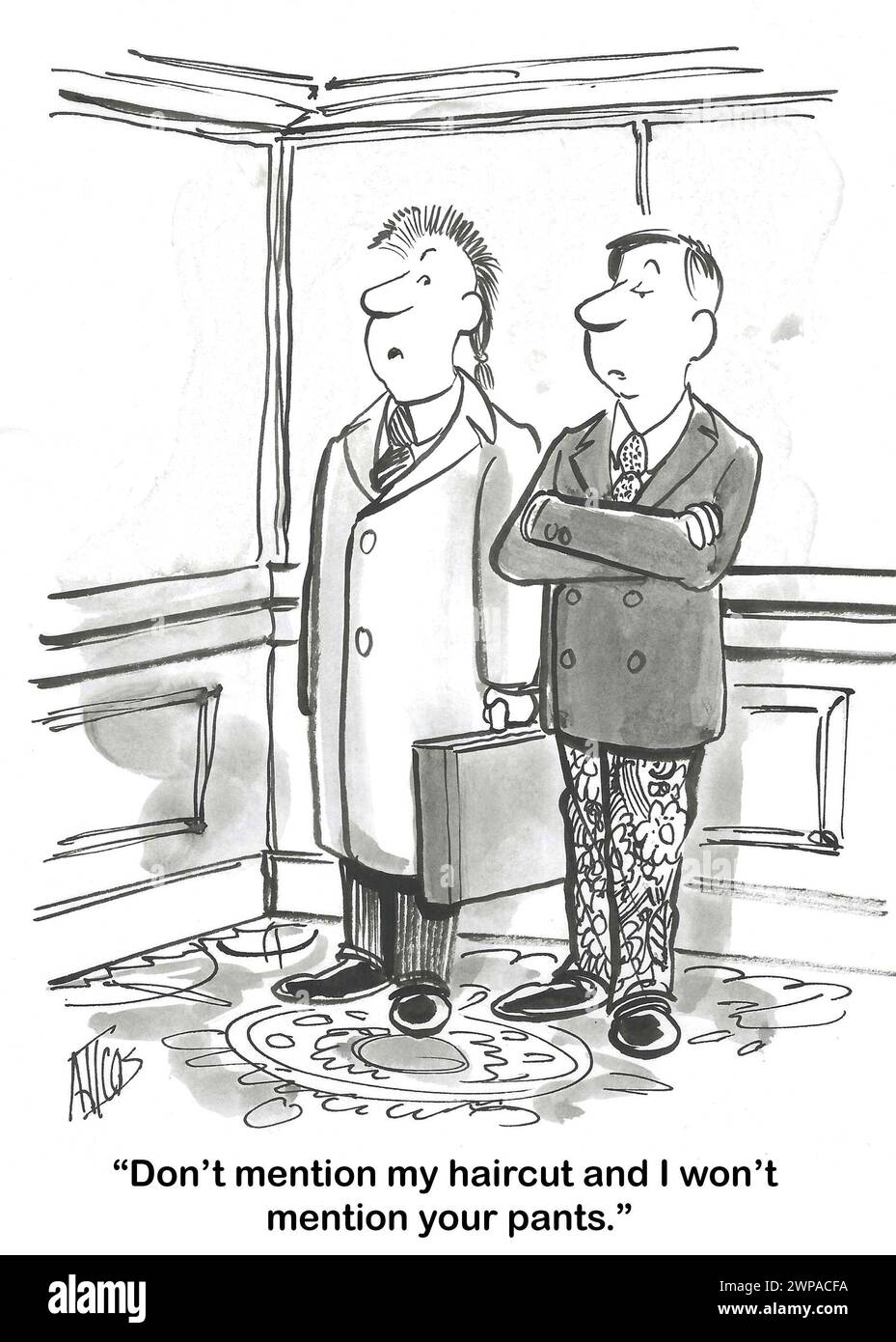 Dessin animé BW de deux hommes, chacun avec un style unique. Banque D'Images
