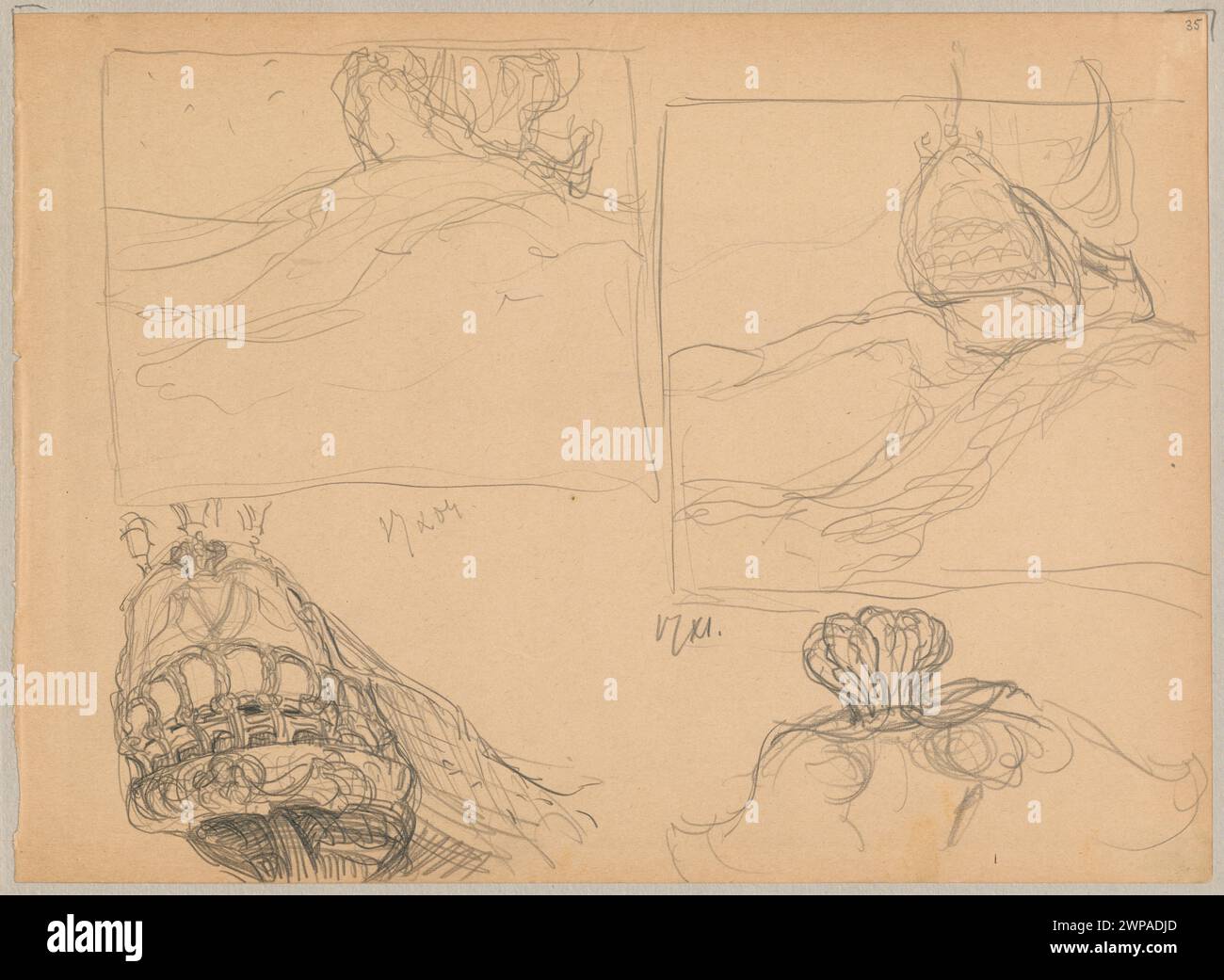 Quatre esquisses pour le tableau 'NEC Mergitur' ; Ruszczyc, Ferdynand (1870-1936) ; 1904 (1904-00-00-1904-00-00) ; partage plus, navires, paysages marins, croquis, achat (provenance) Banque D'Images