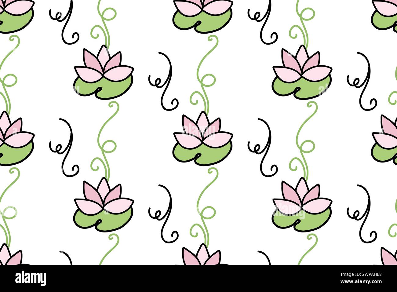 Motif sans couture avec lotus et nénuphars. Doodles dessinés à la main isolés sur fond blanc. Conception vectorielle colorée dans le style de bande dessinée pour le textile Illustration de Vecteur