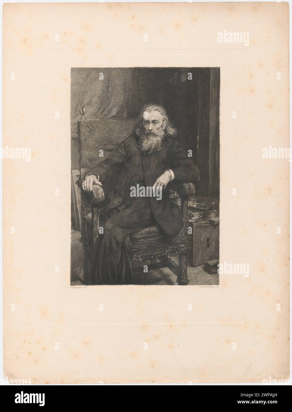 Portrait de Jan Matejko d’après un autoportrait de 1892 ; Care, Ignacy (1865-1941), Matejko, Jan (1838-1893); 1893 (1893-00-00-1893-00-00);Matejko, Jan (1838-1893), Matejko, Jan (1838-1893)-iconographie, Smolikowski, Seweryn (1850-1920), Smolikowski, Seweryn (1850-1920)-collection, Société d'encouragement des Beaux-Arts (Varsovie-1860-1940), artistes, autoportraits, cadeau (provenance), fauteuils, graphisme polonais, peintres, Pologne (culture), portraits, portraits d'hommes, ateliers d'artistes, primes de la Société d'encouragement des Beaux-Arts Banque D'Images