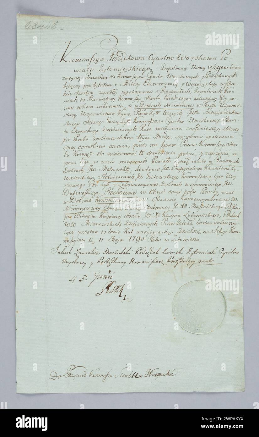 Document officiel ou dossier de la Commission civile et militaire d'Ytomierski en 1790, reflétant l'organisation administrative et militaire dans le Royaume de Pologne. Banque D'Images