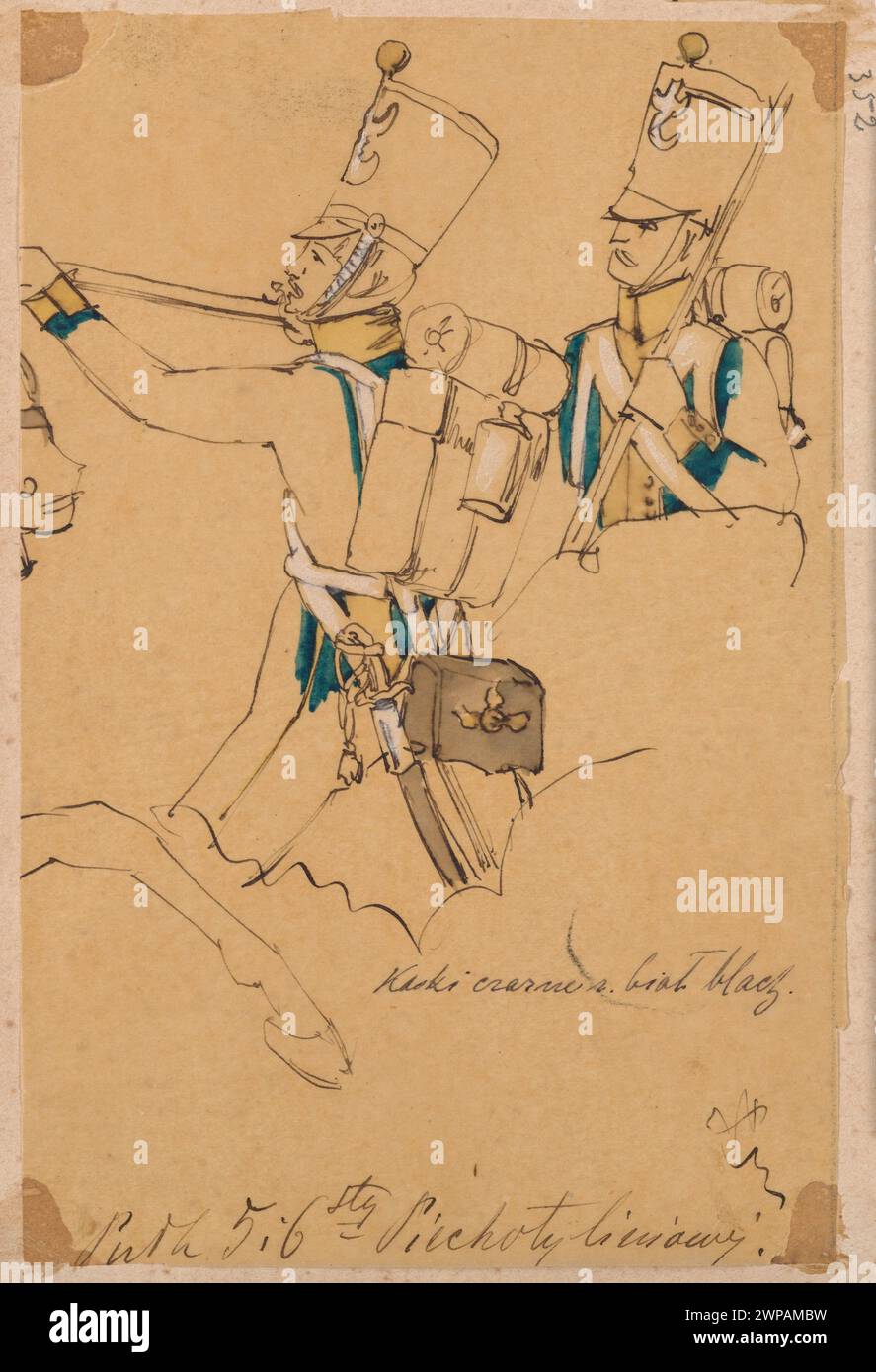 Lithographie couleur montrant des soldats des 5e et 6e régiment d'infanterie de ligne Rozstyk de l'armée polonaise de 1831, représentant des uniformes et une formation militaire. Banque D'Images