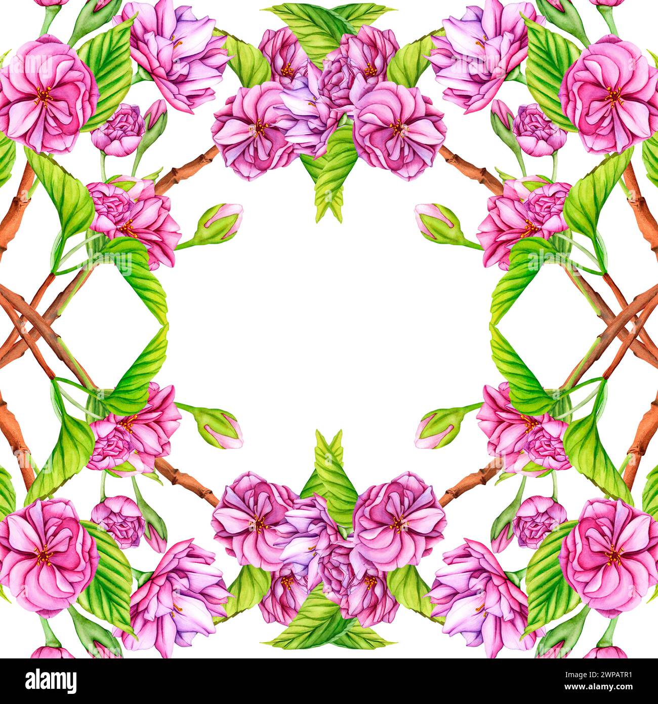 Arche faite de branches d'arbres entrelacées. Cadre avec branche Sakura japonaise rose. Aquarelle illustration botanique fleurs au printemps. Fleur dessinée à la main Banque D'Images