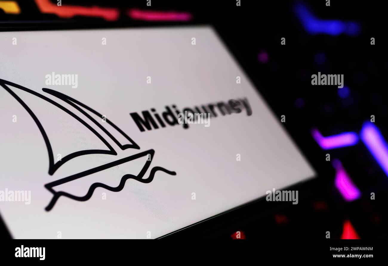 Viersen, Allemagne - 9 février. 2024 : gros plan de l'écran du smartphone avec le lettrage du logo de MidJourney ai texte-à-image outil sur le clavier de l'ordinateur Banque D'Images
