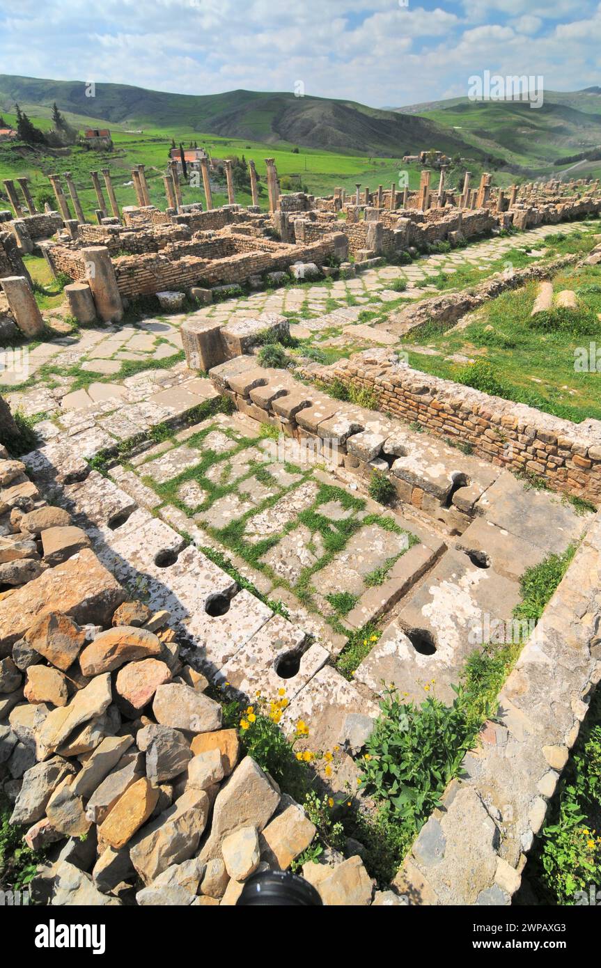 Toilettes publiques dans les ruines de la ville romaine de Cuicul en Algérie Banque D'Images