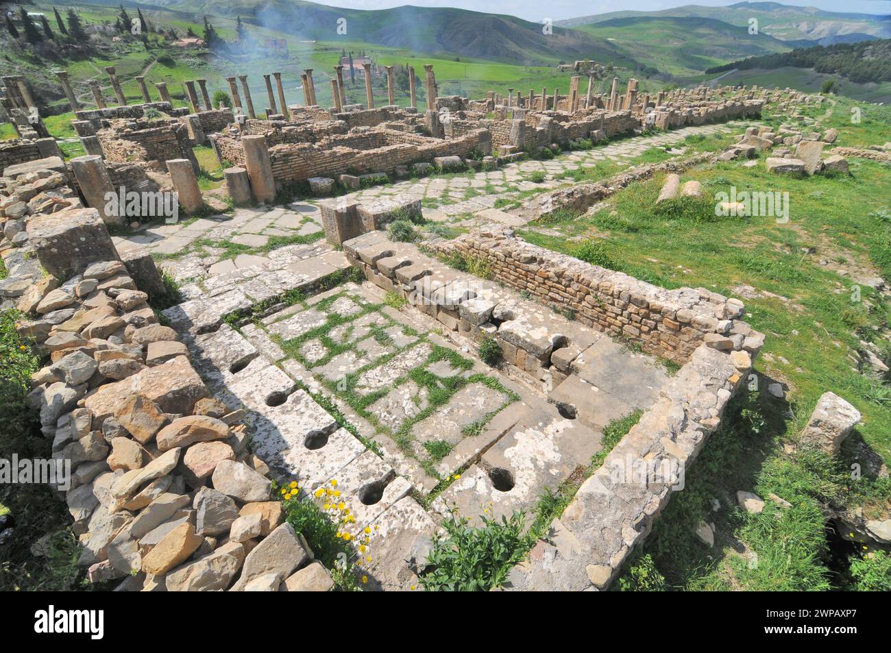 Toilettes publiques dans les ruines de la ville romaine de Cuicul en Algérie Banque D'Images