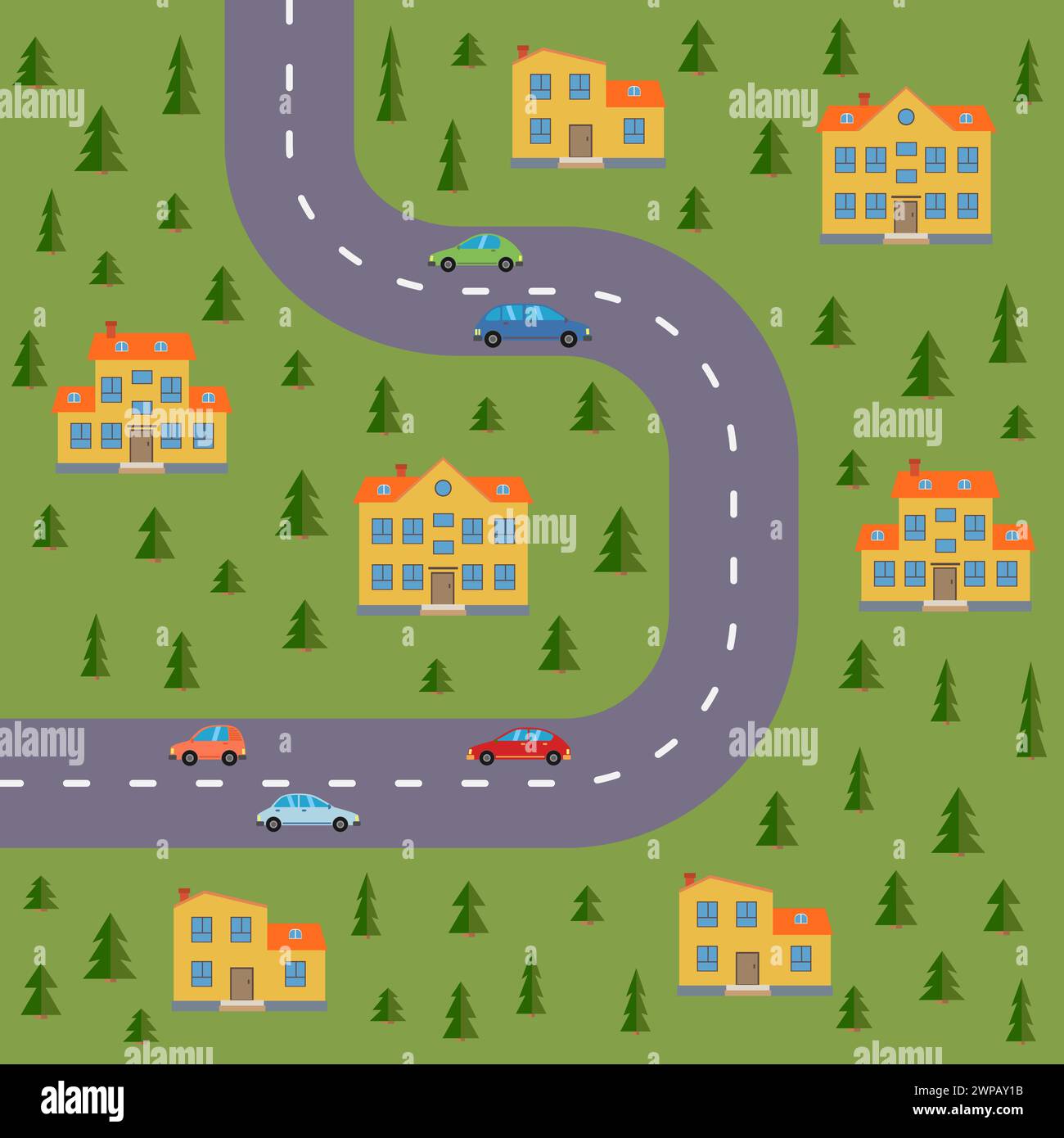 Plan du village. Paysage avec la route, la forêt, les voitures et les maisons. Illustration vectorielle Illustration de Vecteur