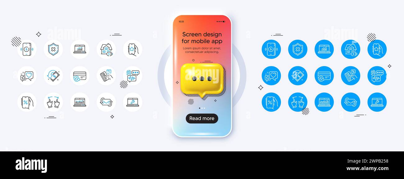 Application préférée, sécurité biométrique et icônes de ligne de carte de crédit. Pour l'application Web, impression vectorielle Illustration de Vecteur