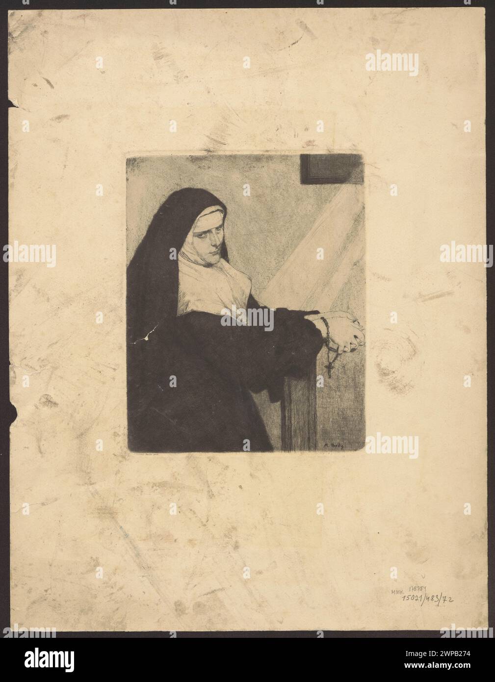 Illustration d'une religieuse priante par Max Thedy en 1882, imprimée par Felsing Kupferdrucarei à Darmstadt, Munich et Berlin. Banque D'Images Illustration d'une religieuse priante par Max Thedy en 1882, imprimée par Felsing Kupferdrucarei à Darmstadt, Munich et Berlin. Banque D'Images