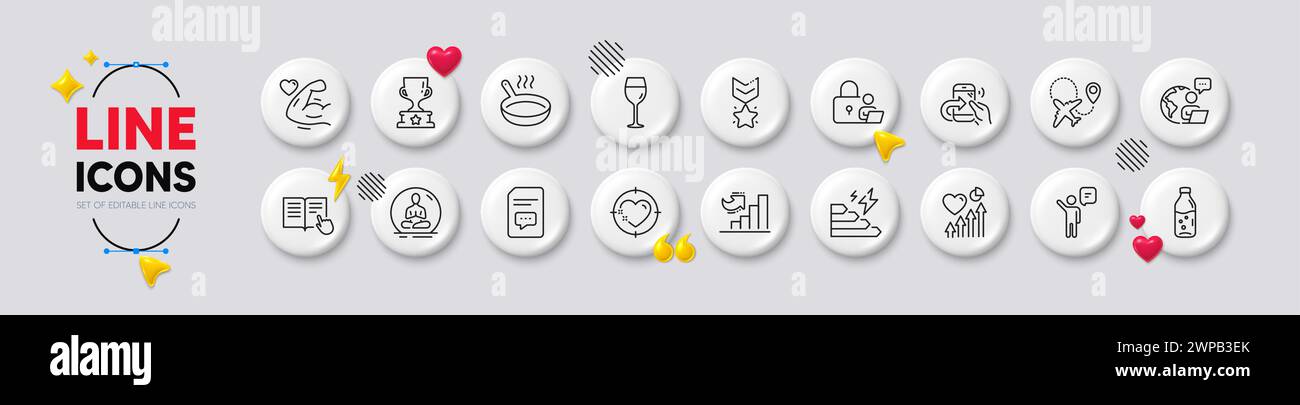 Icônes de cible de coeur, de poêle à frire et de ligne de médaille du gagnant. Pour l'application Web, impression. Boutons blancs icônes 3D. Vecteur Illustration de Vecteur