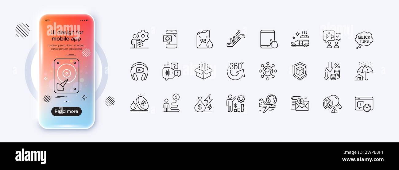 Déflation, prix du carburant et icônes de ligne de patrimoine des employés pour l'application Web. Icône de pictogramme. Écran dégradé de la maquette de téléphone. Vecteur Illustration de Vecteur