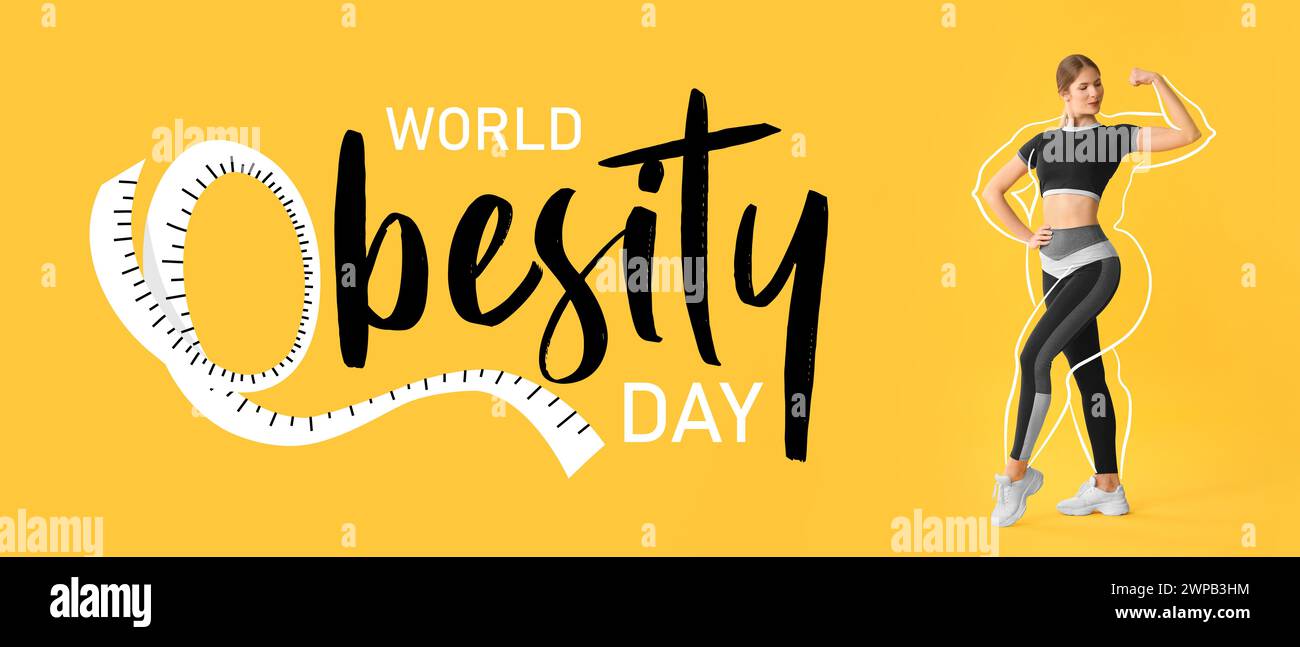 Bannière pour la Journée mondiale de l'obésité avec jeune femme sportive Banque D'Images