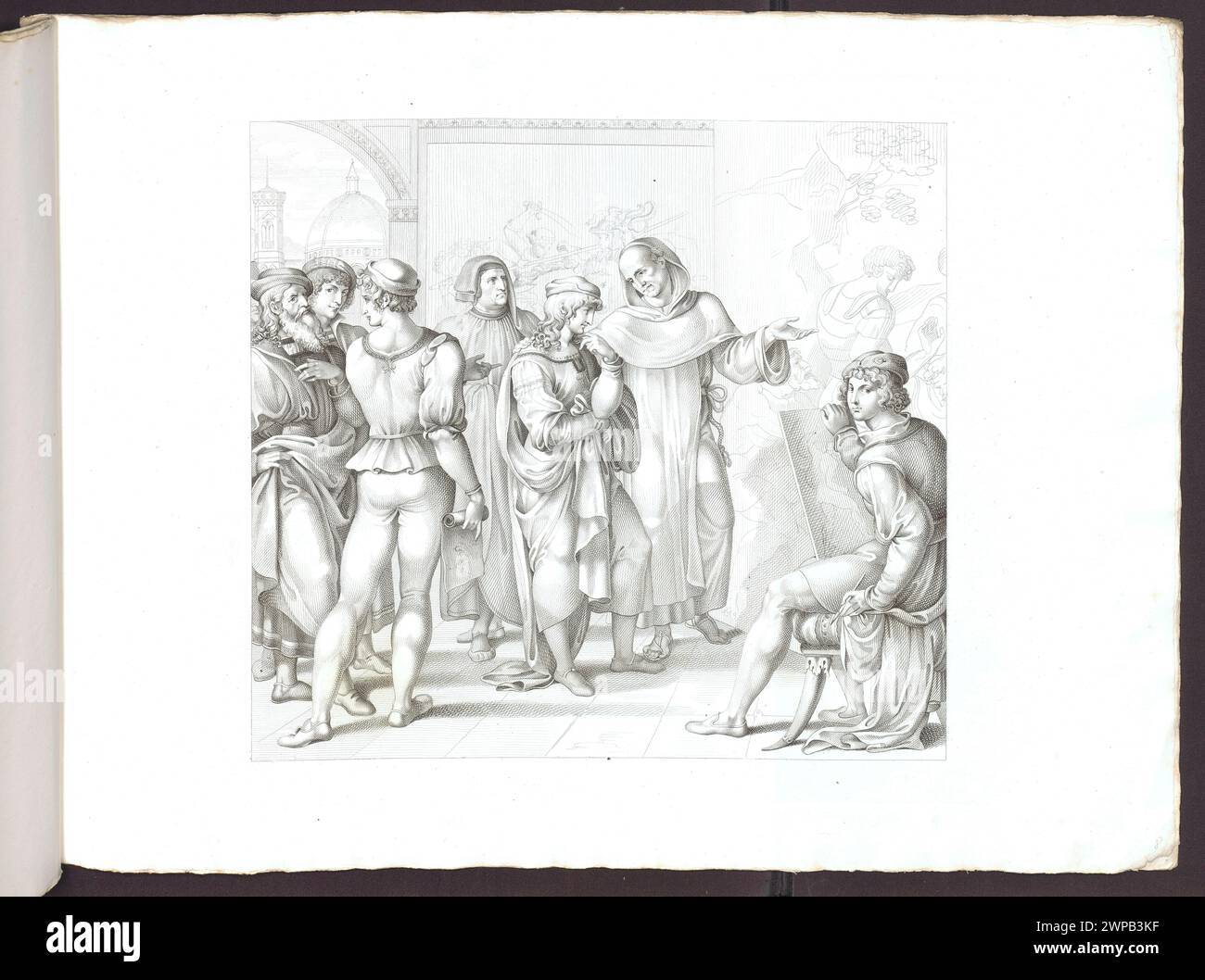 Illustration de Rafael Sanzio à Florence, montrant sa présence dans la ville, son habillement et son interaction avec l'environnement urbain, tirée de la publication de 1816. Banque D'Images