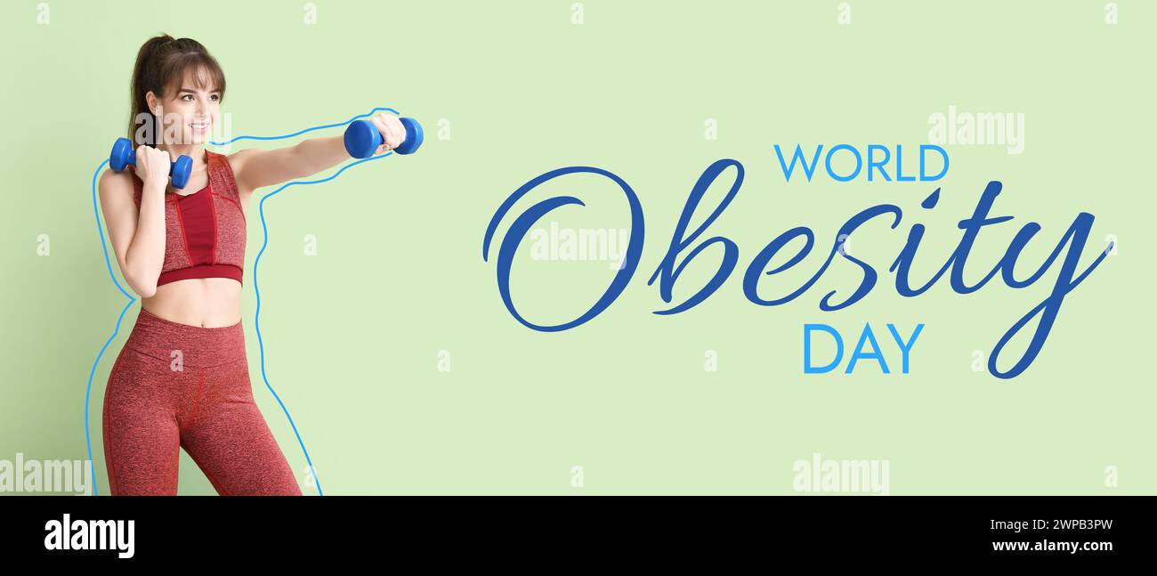 Bannière pour la Journée mondiale de l'obésité avec jeune femme sportive Banque D'Images