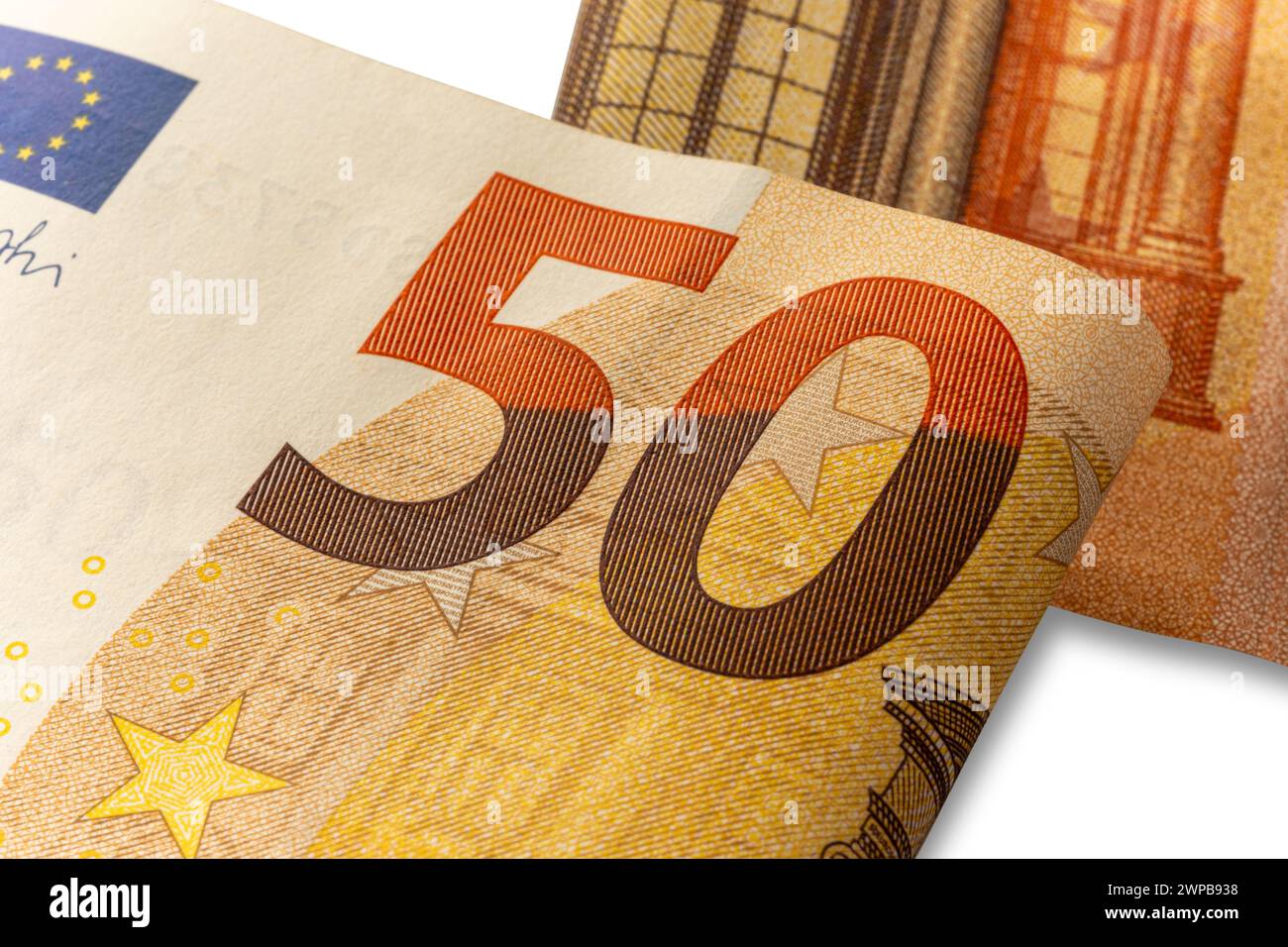 Gros plan sur le logo de l'inscription de 50 euros sur le billet de cinquante euros. Concept d'économie et de finance Banque D'Images