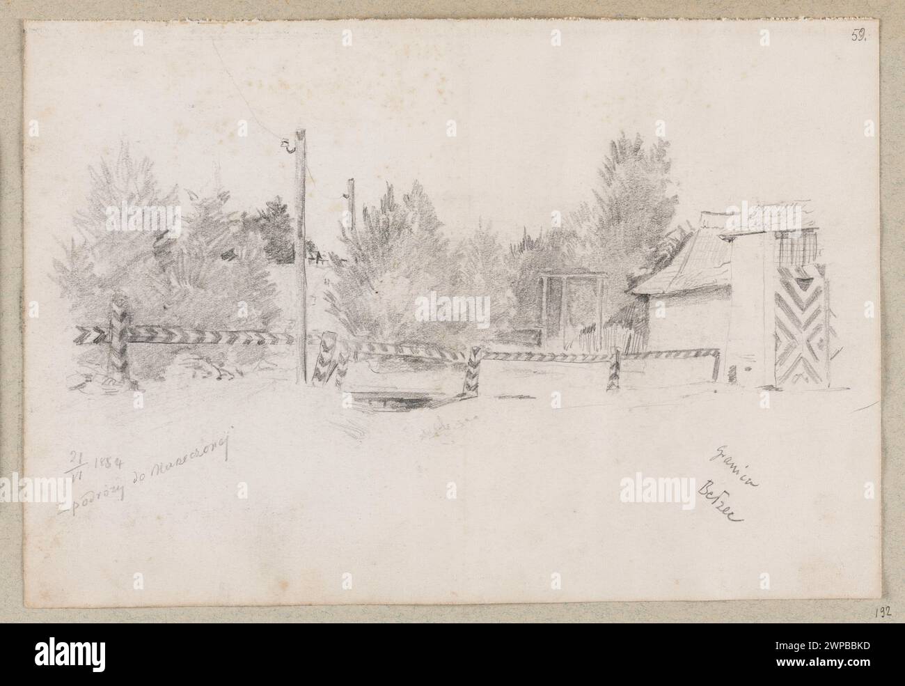 Border in Bełżec ; Czachórski, Stanisław (1853-1904) ; 1884 (1884-00-00-1884-00-00) ; Bełżec (Voïvodie de Lubelskie), arbres, frontières de l'État, grilles, études architecturales, achat (provenance) Banque D'Images