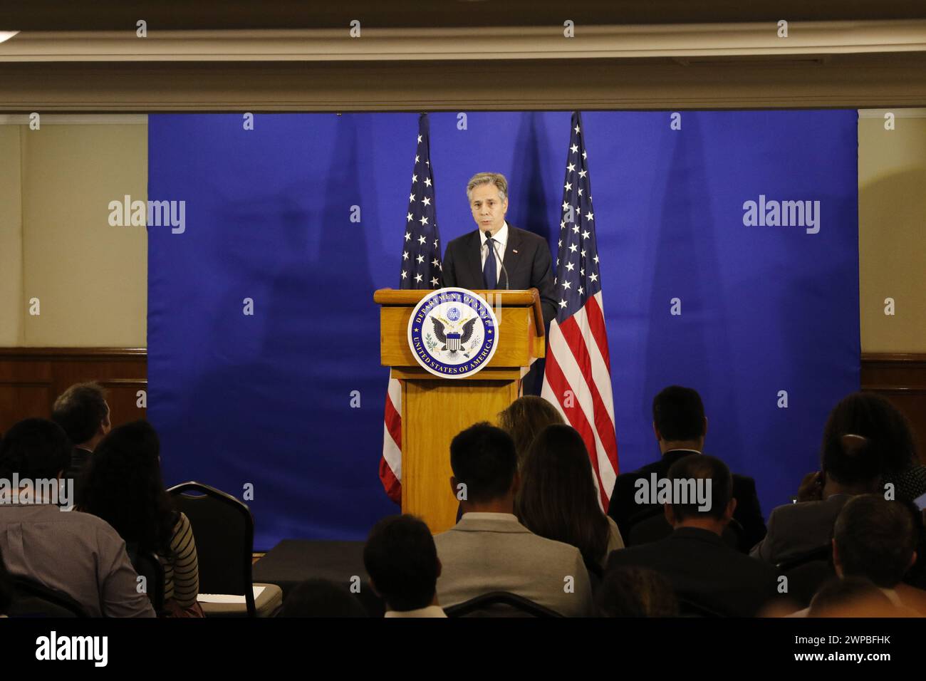 Antony Blinken, secrétaire d'État des États-Unis, portrait lors de l'annonce à la presse après le sommet du G20 au Brésil Banque D'Images