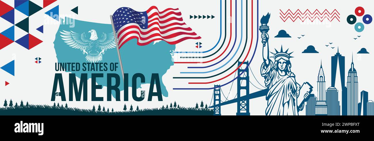 Bannière du jour de l'indépendance des États-Unis le 4 juillet avec drapeau national des États-Unis, aigle national des États-Unis, statue de la liberté, monuments, USA Map Vector illustration United Stat Illustration de Vecteur