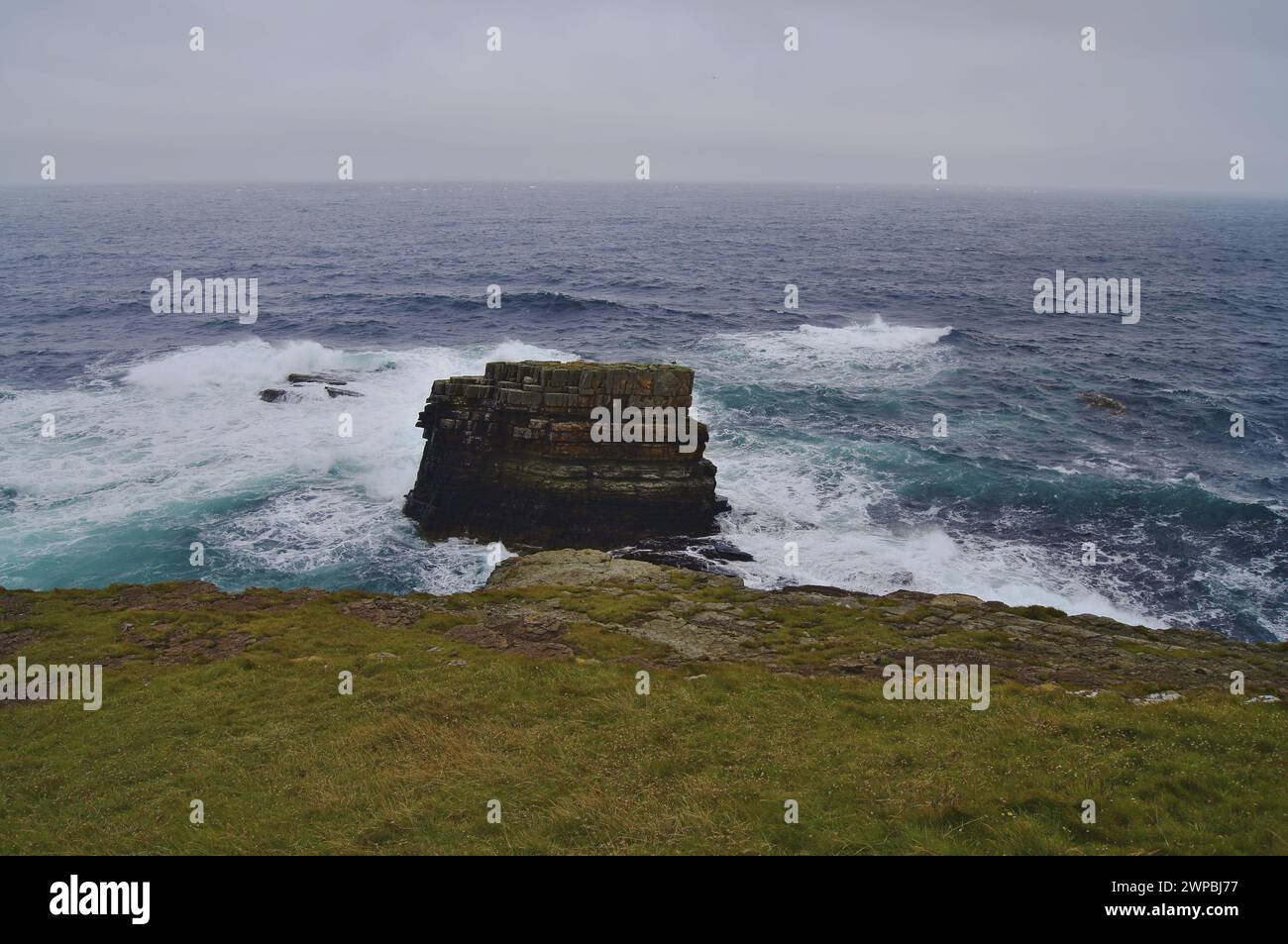Sea Stack à Deerness sur le continent des Orcades, Écosse, Royaume-Uni Banque D'Images