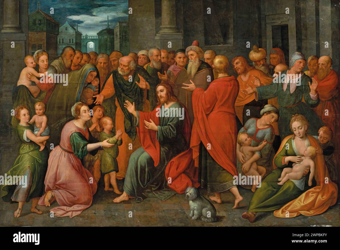 Tableau flamand d'Adam Van Noort, 1590-1640, représentant le Christ parmi les enfants dans une scène religieuse. Fait partie de la collection Wojciech Kolasiński, illustrant les premières religions flamandes modernes Banque D'Images