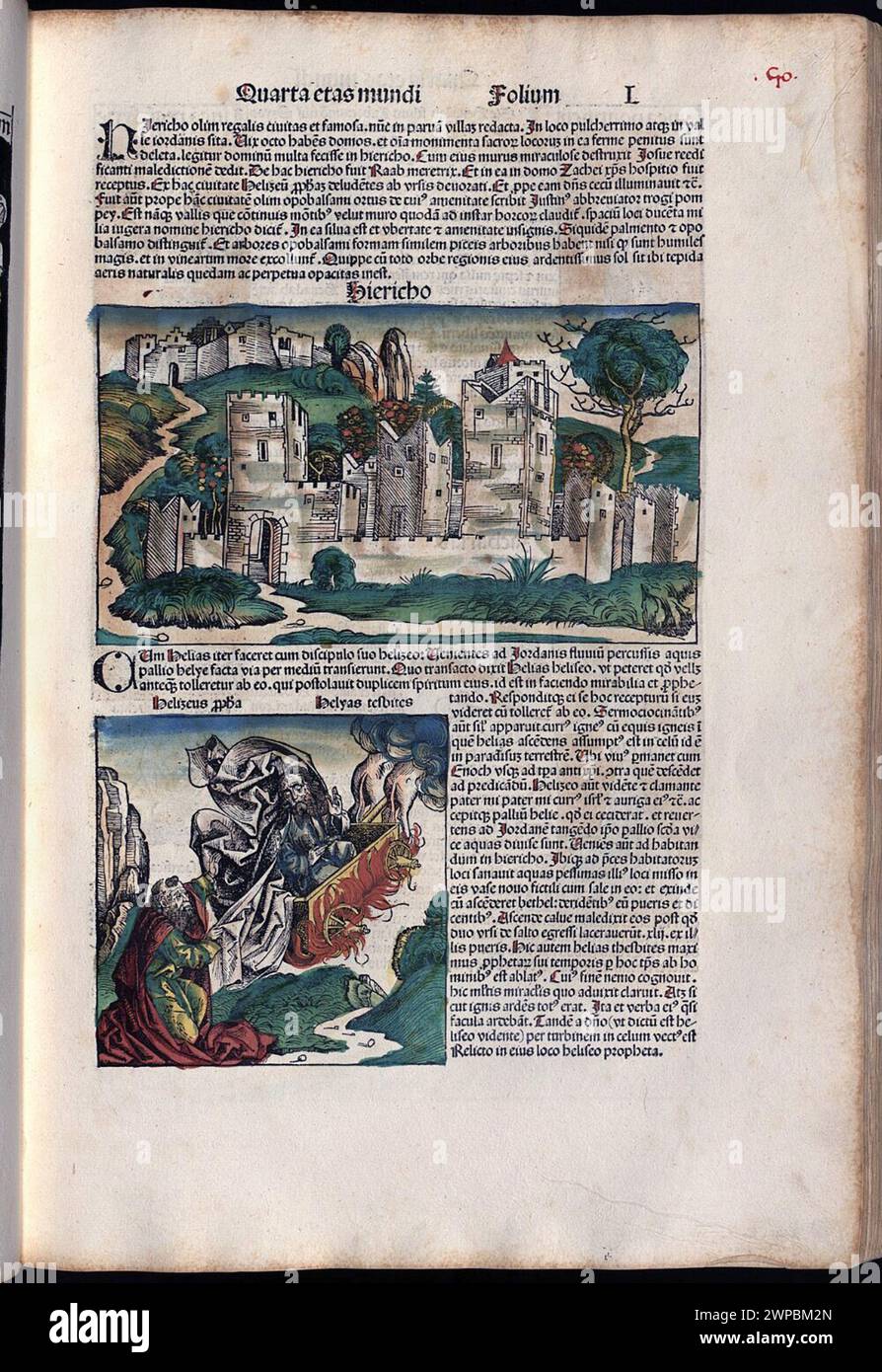 Belles pages gravées sur bois de la chronique de Nuremberg de 1493, qui est une ényclodpedia des événements mondiaux, de la mythologie et de l'histoire chrétienne. Ce travail extra-ordinaire a été l'un des premiers livres jamais imprimés et le premier à intégrer avec succès du texte et des images. Ces pages montrent du texte latin et une gravure de la ville de Jéricho Banque D'Images