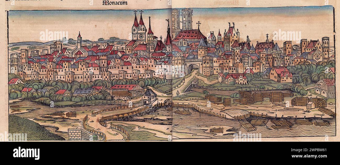 Une belle gravure sur bois de 1493 de la ville de Monacum (aujourd'hui Munich) en Allemagne. Cette illustration provient de la chronique de Nuremberg, qui est une ényclodpedia des événements mondiaux, de la mythologie et de l'histoire chrétienne. Ce travail extra-ordinaire a été l'un des premiers livres jamais imprimés et le premier à intégrer avec succès du texte et des images. Banque D'Images Une belle gravure sur bois de 1493 de la ville de Monacum (aujourd'hui Munich) en Allemagne. Cette illustration provient de la chronique de Nuremberg, qui est une ényclodpedia des événements mondiaux, de la mythologie et de l'histoire chrétienne. Ce travail extra-ordinaire a été l'un des premiers livres jamais imprimés et le premier à intégrer avec succès du texte et des images. Banque D'Images