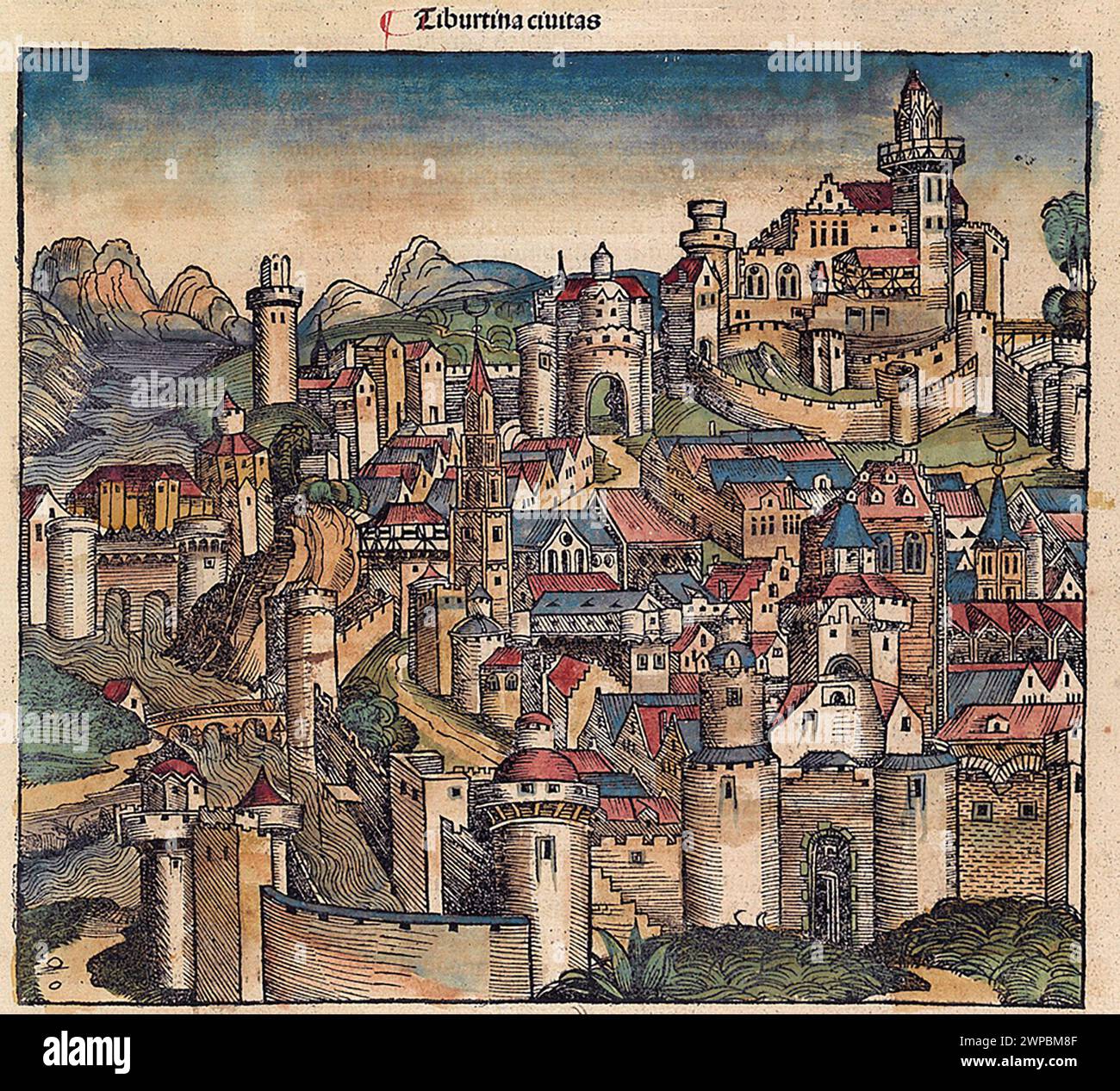 Une belle gravure sur bois de 1493 de la ville de . Cette illustration provient de la chronique de Nuremberg, qui est une ényclodpedia des événements mondiaux, de la mythologie et de l'histoire chrétienne. Ce travail extra-ordinaire a été l'un des premiers livres jamais imprimés et le premier à intégrer avec succès du texte et des images. Banque D'Images