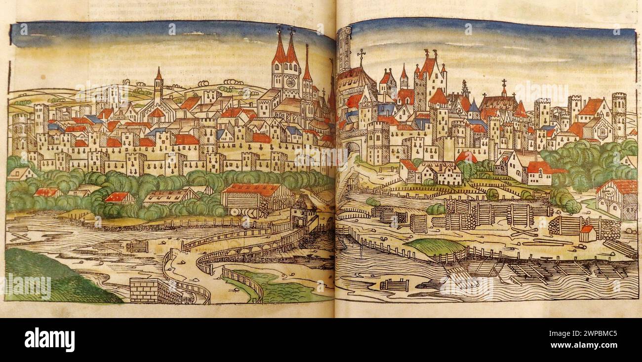 Une belle gravure sur bois de 1493 de la ville de Munich en Allemagne. Cette illustration provient de la chronique de Nuremberg, qui est une ényclodpedia des événements mondiaux, de la mythologie et de l'histoire chrétienne. Ce travail extra-ordinaire a été l'un des premiers livres jamais imprimés et le premier à intégrer avec succès du texte et des images. Banque D'Images Une belle gravure sur bois de 1493 de la ville de Munich en Allemagne. Cette illustration provient de la chronique de Nuremberg, qui est une ényclodpedia des événements mondiaux, de la mythologie et de l'histoire chrétienne. Ce travail extra-ordinaire a été l'un des premiers livres jamais imprimés et le premier à intégrer avec succès du texte et des images. Banque D'Images