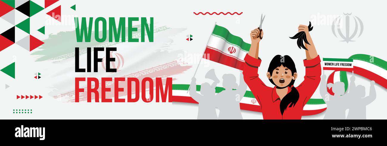 Des femmes iraniennes protestent contre la bannière. Des femmes iraniennes luttant pour leurs droits slogan "femmes, vie, liberté" drapeau national de l'Iran. Autonomisation des femmes, égalité des droits Illustration de Vecteur