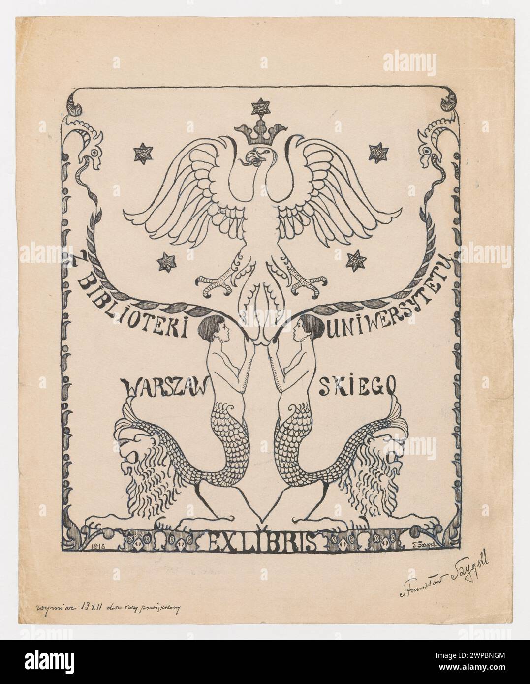 Projet ExLibris pour la Bibliothèque de l'Université de Varsovie ; Szygell, Stanis Aw (1879 voitures 1881-1941) ; 1916 (1916-00-00-1916-00-00) ; Bibliothèque universitaire (Varsovie - 1817-) - Exlibris, ne concours de la Bibliothèque universitaire de Varsovie (Varsovie - 1916), Société artistique polonaise (Varsovie) - collection, Université de Varsovie (1816-), Université Warszawski (1816-) - emblème, Varsovie (Voïvodie Masovienne) - siège du destinataire de l'exlibris, exlibris héraldique, exlibris polonais, lions, Pologne (culture), sirènes (fantast.) Banque D'Images