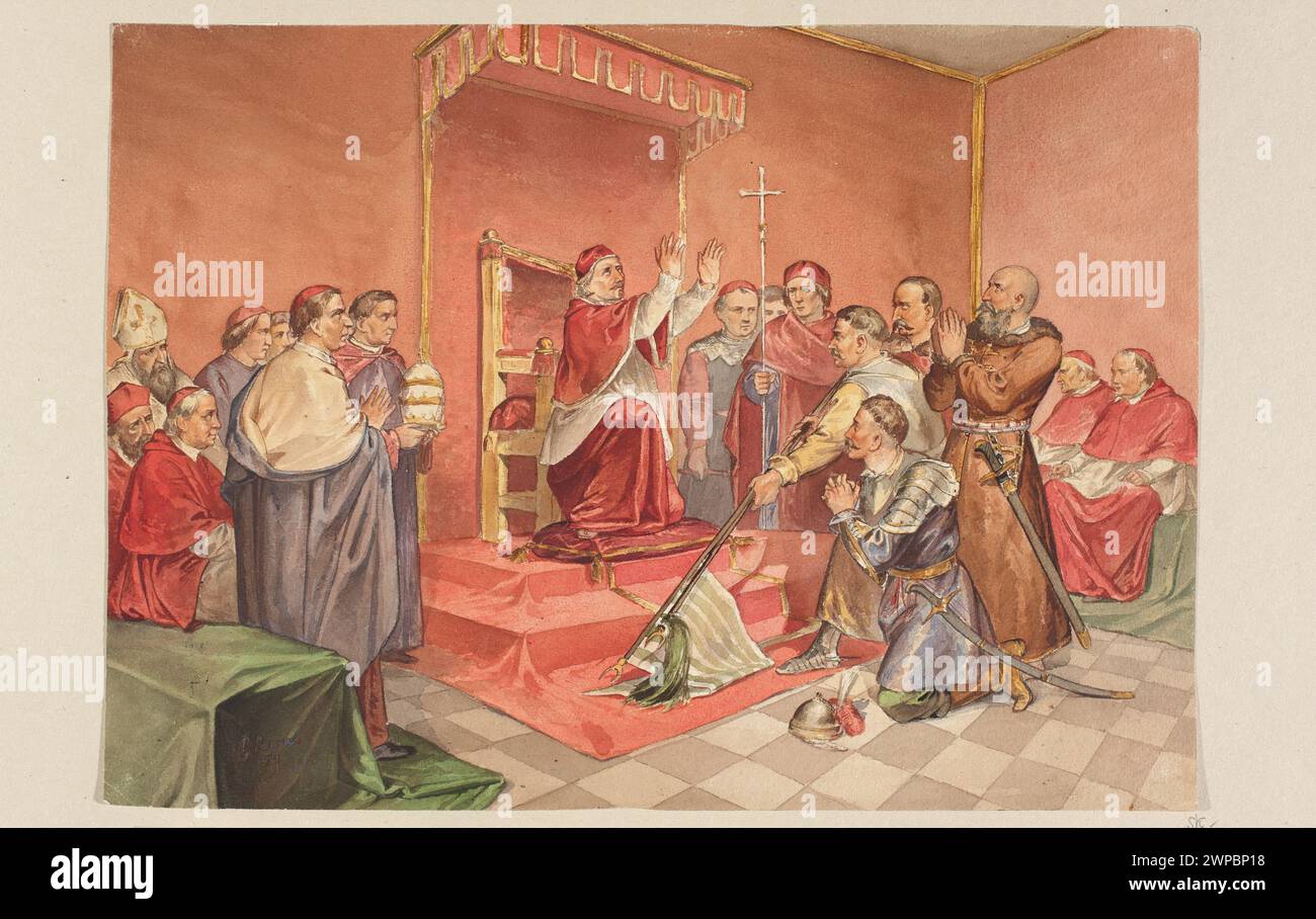 Tableau d'Ignacy Gierdziejewski, 1857-1860, représentant le pape Clément X recevant des envoyés des Polonais concernant la bataille de Khotyn contre les Turcs en 1673. Comprend des bannières, des publics, des navires de guerre et une iconographie polonaise historique avec provenance. Banque D'Images