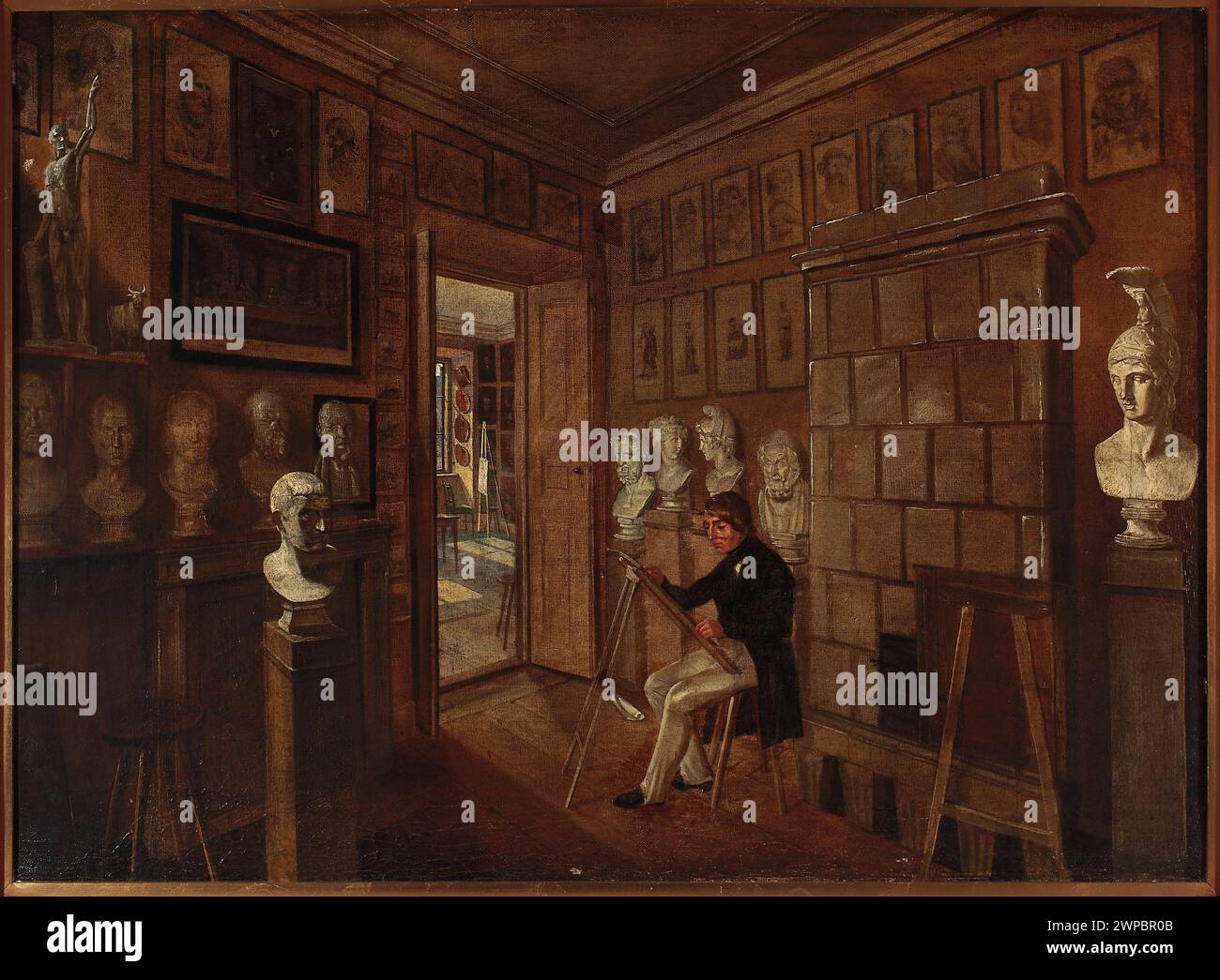 Représentation au début du XIXe siècle d'un atelier d'artiste par Aleksander Kokular, mettant en scène des peintres, des palettes de peinture, des chevalets, des poêles, et des bustes classiques, illustrant les pratiques de studio et les figures masculines dans des contextes artistiques. Banque D'Images