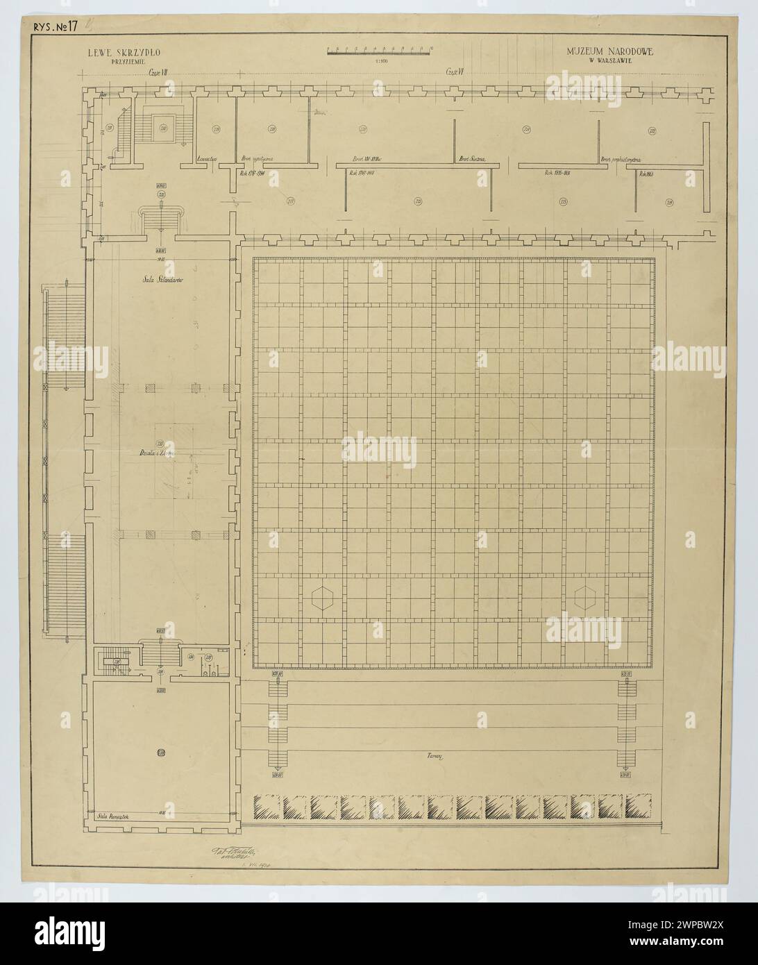 Varsovie. Musée national. Projet de construction. Figure n° 17. Aile gauche (parties VI et VII) - Musée de l'Armée. Rez-de-chaussée. Projection de nivellement avec explications et corrections ; échelle 1 : 100 ; Tadeusz (1887-1951) ; 01.12.1926 (1926-00-00-1926-00-00) ; Musée national de Varsovie (1862-), Musée de l'armée polonaise (Varsovie- 1920-), Varsovie (Voïvodie Masovienne), musées (archite.), projets architecturaux, jetés architecturaux Banque D'Images