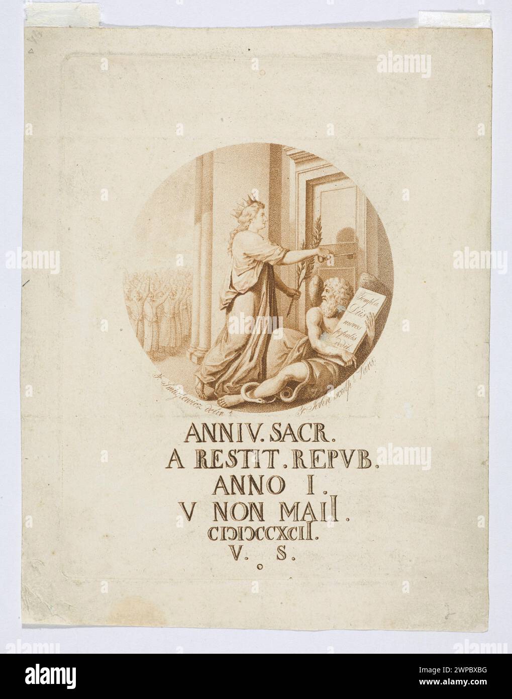 Figure allegorique pour les premiers anniversaires Constitution du 3 mai ; Jean, Friedrich Theodor Michael (1769-1843), Smuglewicz, Franciszek (1745-1807) ; 1792 (1792-00-00-1792-00-00) ; Chronos (mitol.), temps (personnification), Constitution du 3 mai (1791), Stanisław August Poniatowski (Roi de Pologne - 1732-1798), allégories, graphisme polonais, Pologne (culture) Banque D'Images