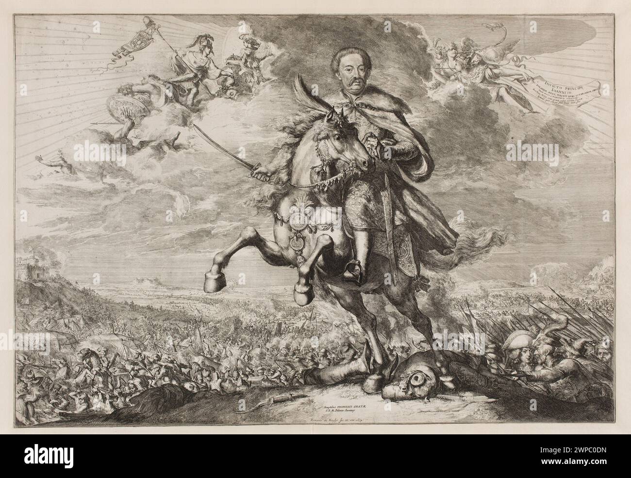 Peinture de Romeyn de Hooghe, 1674, montrant Jan III Sobieski dans la bataille de Khotyn, y compris des chevaux, des nuages, des portraits de souverains et de soldats, des graphiques néerlandais. Fait partie de la collection Dominik Witke-Jeżewski. Banque D'Images