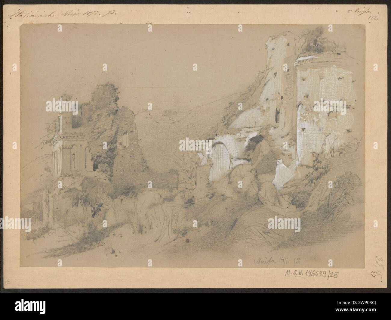 Peinture de Ludwig Burger de 1873 représentant des ruines dans les jardins de Ninfa, montrant des vestiges architecturaux et la végétation environnante. Banque D'Images