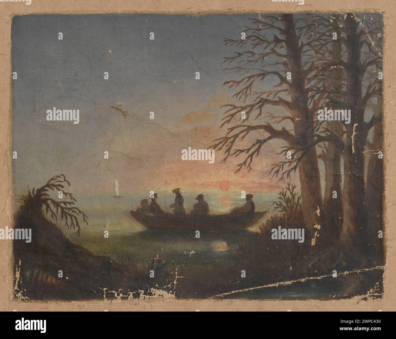 Tableau 'vue ouest sur le lac' de Stanisław Witkiewicz (1865-1870), montrant un coucher de soleil sur un lac avec des bateaux, une partie de la collection du musée des Tatras à Zakopane, Pologne. Banque D'Images