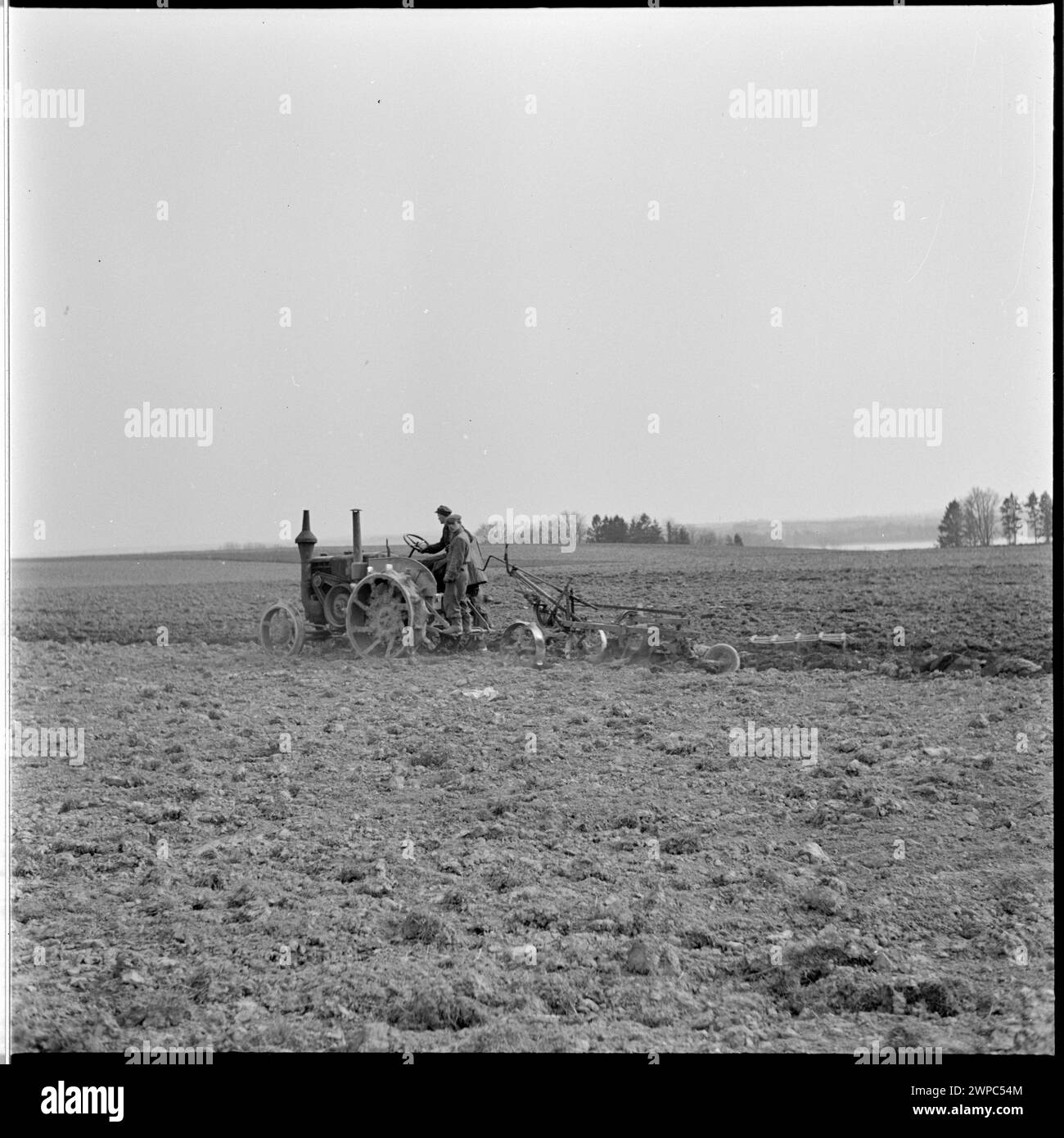 Tracteur pendant les travaux sur le terrain au Service d'incendie d'État à Karsk Pyrzycki ; d'une série de photographies à l'article d'Helena Adamczewska 'début du tracteur n° 00001' [à propos du premier tracteur 'Ursus' produit après la guerre], 'Świat' 1954, n° 18, pp. 8-9 ; Prażuch, Wiesław (1925-1992) ; 1954 (1954-00-00-1954-00-00); Banque D'Images