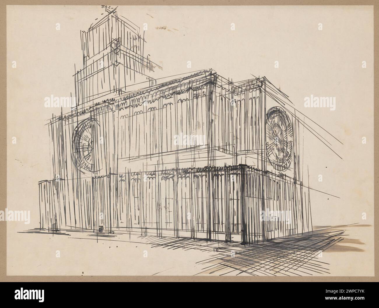 Étude en perspective du Temple de la Divine Providence à Varsovie du côté du presbytère par Bohdan Pniewski, créé en 1931, conservé en cadeau. Banque D'Images