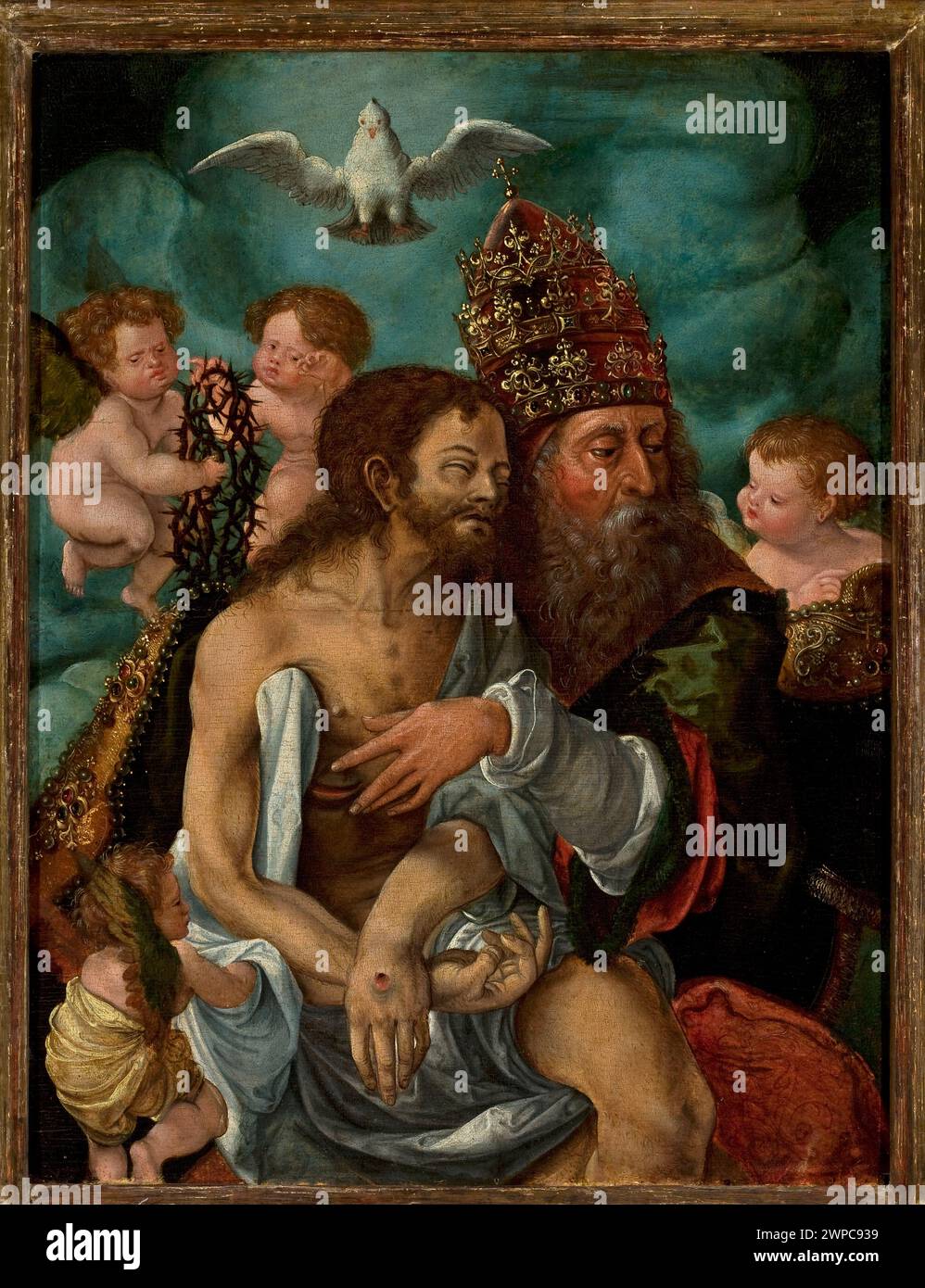 Trône du XVIe siècle représentant la Sainte Trinité par le Maître de l'Adoration de Lille, mettant en vedette Dieu le Père, Jésus-Christ, le Saint-esprit comme une colombe, couronne d'épines, putti et scènes religieuses, représentatives de la peinture néerlandaise et allemande. Banque D'Images Trône du XVIe siècle représentant la Sainte Trinité par le Maître de l'Adoration de Lille, mettant en vedette Dieu le Père, Jésus-Christ, le Saint-esprit comme une colombe, couronne d'épines, putti et scènes religieuses, représentatives de la peinture néerlandaise et allemande. Banque D'Images