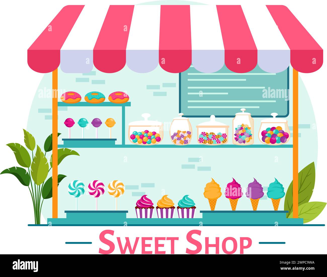 Illustration vectorielle Sweet Shop avec la vente de divers produits de boulangerie, Cupcake, gâteau, pâtisserie ou bonbons dans la conception de fond de dessin animé plat Illustration de Vecteur